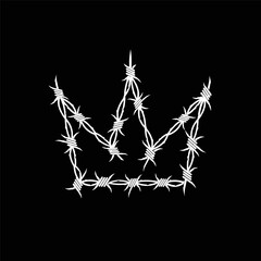 Trendy Gothic Punk Crown. Wire Barb grunge style Gothic Crown or Dark Metal sign in Y2k style. Street art grunge element. Printable vector barbed wire  Crown  template for print fabric and textile