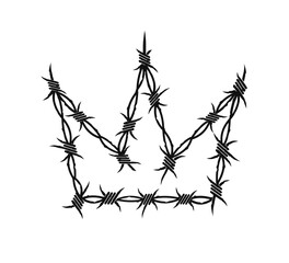 Vector Gothic Punk Crown in Wire Barb grunge style tattoo. Gothic Crown or Dark Metal sign in Y2k style. Street art grunge element. Printable vector barbed wire  Crown  isolated on white background