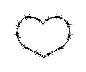Vector Wire Barb heart frame. Dead Metal and Gothic Punk Y2k Tee print stamp design template. Gothic Punk Heart barbed wire silhouettes for label design isolated on white background
