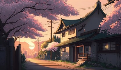 Beautiful Anime Tokyo City at sunset, generative AI