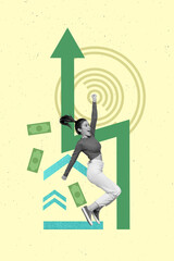 Vertical collage image of excited black white effect girl raise fist jumping cash banknotes growing...