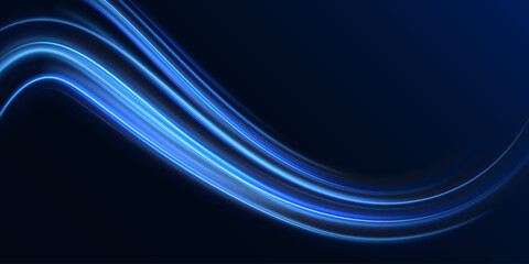 Blue wind waves effect. Abstract light motion trails with sparkles isolated on black background.