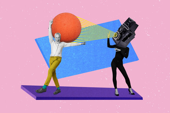 Composite collage picture of excited positive people dancing photo camera instead head isolated on pink background