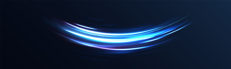 Light line neon swirl effect. Vector glitter light fire flare trace. Bokeh blue light glitter round wave line with sparkling particles. Magic sparkle swirl trail effect on transparent background