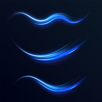 Light line neon swirl effect. Vector glitter light fire flare trace. Bokeh blue light glitter round wave line with sparkling particles. Magic sparkle swirl trail effect on transparent background
