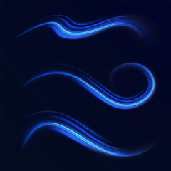 Blue glowing shiny lines effect vector background. Luminous white lines of speed. Light glowing effect. Light trail wave, fire path trace line and incandescence curve twirl.