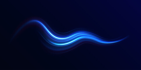 Blue glowing shiny lines effect vector background. Luminous white lines of speed. Light glowing effect. Light trail wave, fire path trace line and incandescence curve twirl.