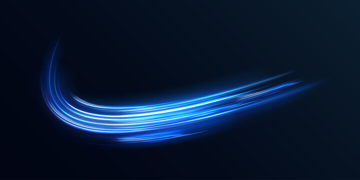 Blue Glowing Shiny Lines Effect Vector Background. Luminous White Lines Of Speed. Light Glowing Effect. Light Trail Wave, Fire Path Trace Line And Incandescence Curve Twirl.