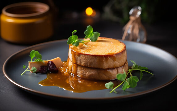 Delicious pan-seared foie gras on a dark ceramic plate, garnished with fresh green herbs and a thick glaze.
