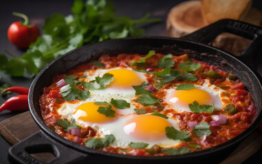 Traditional Shakshuka breakfast meal with fresh herbs, accompanied by sliced bread, in a rustic kitchen setting.