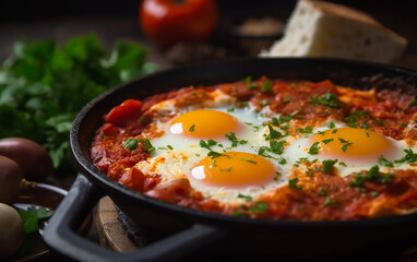 Savory Israeli Shakshuka, a blend of poached eggs in tomato sauce, presented in a skillet, ready to be enjoyed.