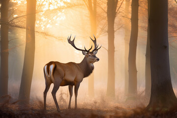 A majestic deer with antlers standing proudly in the forest at dawn. Created with Generative AI Technology