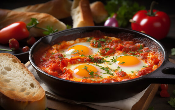 Authentic Shakshuka dish with poached eggs in spicy tomato sauce, garnished with parsley, served in a cast iron skillet.