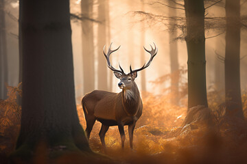 A majestic deer with antlers standing proudly in the forest at dawn. Created with Generative AI Technology