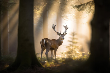 Fototapeta premium A majestic deer with antlers standing proudly in the forest at dawn. Created with Generative AI Technology
