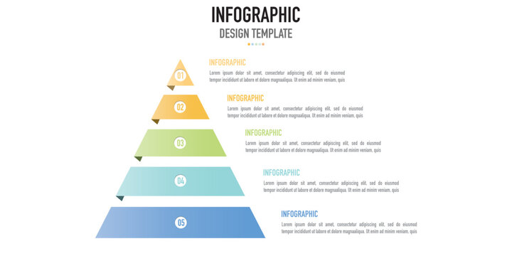 Pyramid, funnel, pipeline infographic template or element as a vector including 5 step, process, with colorful layer and number for slide or presentation, simple, minimal, modern style, timeline, goal