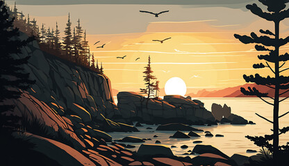 A painting of a rocky shore with birds flying over it. Generative AI