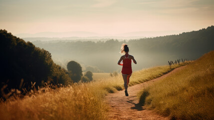 Naklejka na ściany i meble Nature Trail Running Girl, Outdoor Exercise amid Scenic Beauty, Generative AI
