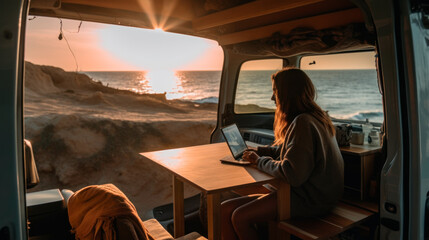 Remote Work from Camper Van at Sunset, Overlooking Seaside View with Laptop, Generative AI