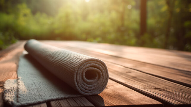 Yoga Mat on Wood Deck Ready for Exercise Outdoors