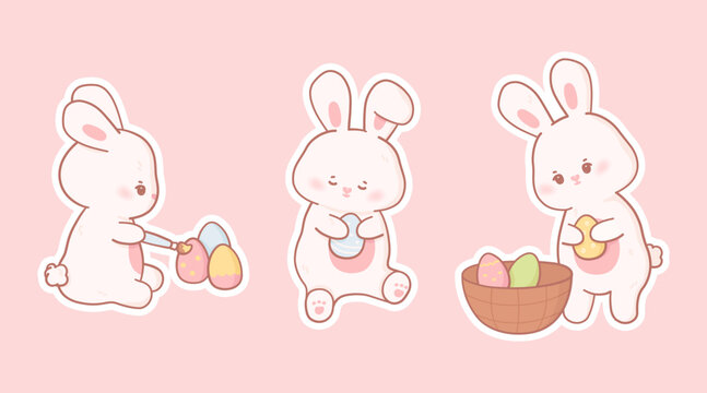 Collection of cartoon Easter bunny stickers in kawaii style and pastel colors. Vector set of cute rabbits in different poses with eggs