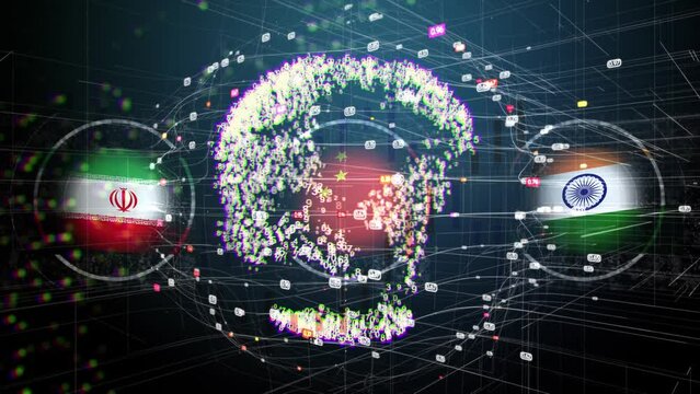 Computer graphics and double exposure. A symbolic globe made of numbers against which are three waving flags of India, China and Iran. The concept of uniting for the sake of saving the planet