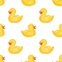 Watercolor seamless pattern (tiled). Yellow duck pattern. Toys. Bath duck background. Design for kids, children, textile, fabric, home decor. Rubber ducks for bath. Painted ornament.