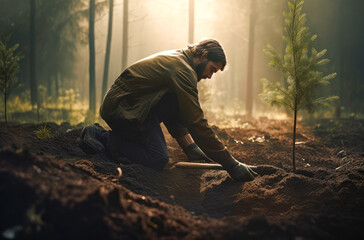 men planting trees in dirt and soil near the sun, ai generative