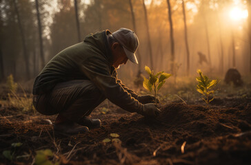 men planting trees in dirt and soil near the sun, ai generative - obrazy, fototapety, plakaty