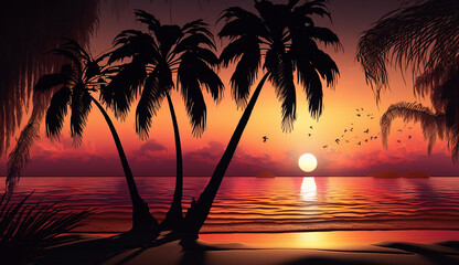 colorful sunset with palm trees on the beach. Generative AI