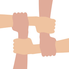 Teamwork 4 hands together. Partnership, cooperation, synergy, community, unity and equality concept. Vector