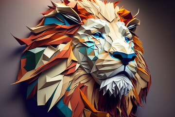 Portrait of a muzzle of a lion from colored paper, an origami animal. Generative AI