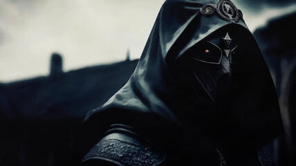 Demon with glowing eyes in a black hood