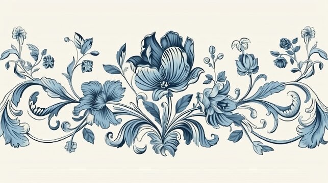 Vintage spring flower summer blue scroll Baroque Victorian frame border floral ornament leaf engraved Generative AI
