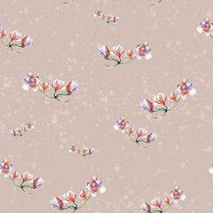 Magnolia flowers seamless pattern. Vintage flower pattern. Muted pink colored background.