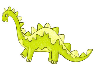 color illustration cartoon childish style cute dinosaur herbivore green with yellow character fairy tale cover design element print media and postcard