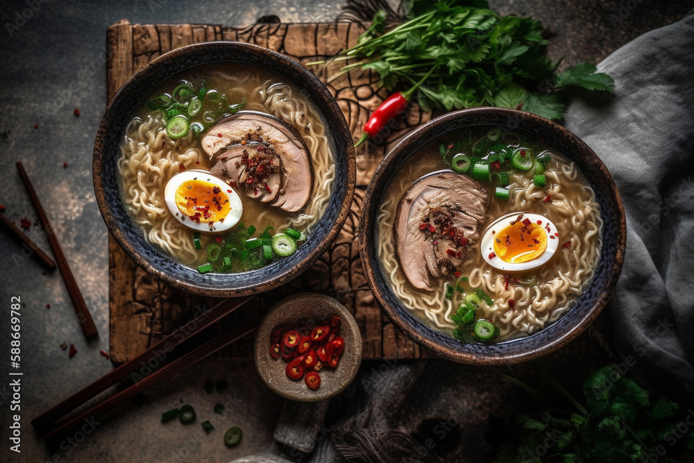 Wall mural Two bowls of home made pork ramen decorated with chillies, shiitake, nori and scallions with a slate board. Top View. Copy Space