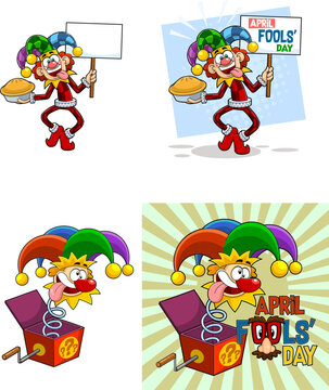 Crazy Jolly Jester Cartoon Characters. Vector Hand Drawn Collection Set Isolated On Transparent Background