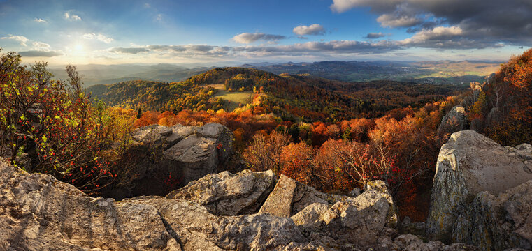 Autumn panorama with forest from peak Sitno, Banska Stiavnica.