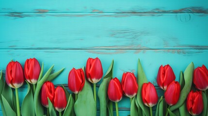 Obraz na płótnie Canvas Fresh spring red tulips flowers on turquoise painted wooden planks Generative AI
