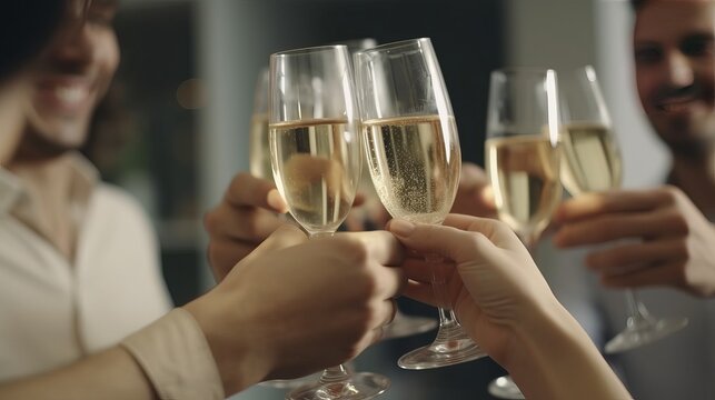 Friends clinking glasses with champagne at party indoors, closeup Generative AI