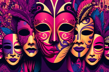 luxurious carnival masks with feathers of different colors in Venetian style. Abstract blurred background, gold dust, carnival holiday. Generative AI.