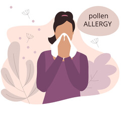 Seasonal allergy. Woman sneezing from pollen and flowers allergy - obrazy, fototapety, plakaty