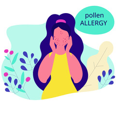 Seasonal allergy. Woman with red skin rash. Woman scratching skin on her face