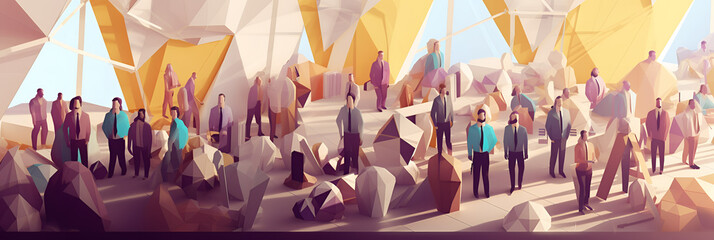 Obraz premium Low Poly Generative AI Illustration of Ethnic Diversity At Work. Different Employees Working Together 