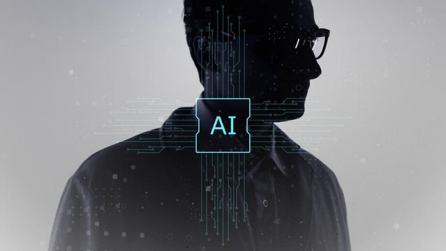 Computer graphics and double exposure. Portrait of a man with a stern face in glasses against which the microchip of artificial intelligence. The concept of scientific relationships