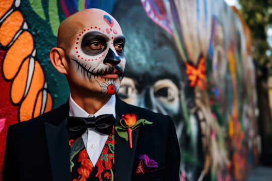 Man in Day of the Dead costume standing in front of a colorful wall. Generative AI.