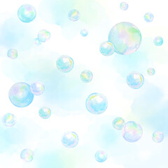 水彩のシャボン玉が浮かぶ幻想的な風景。背景透過のイラスト。