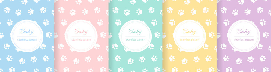 Cute baby seamless pattern. Repeating kid pattern. Girls and boys prints design. Repeated pastel paw wallpaper. Repeat child background. Soft blue, pink, yellow, green color. Vector illustration - obrazy, fototapety, plakaty