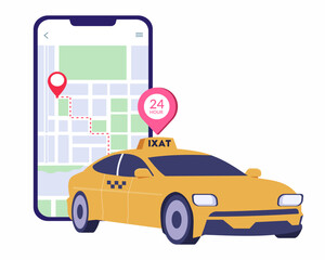 Booking a cab on smartphone with map. Taxi app on the screen. Taxi service concept.